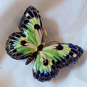 Gorgeous Vintage Jeweled Magnetic Closure Gold Cloisonné Butterfly Trinket Box